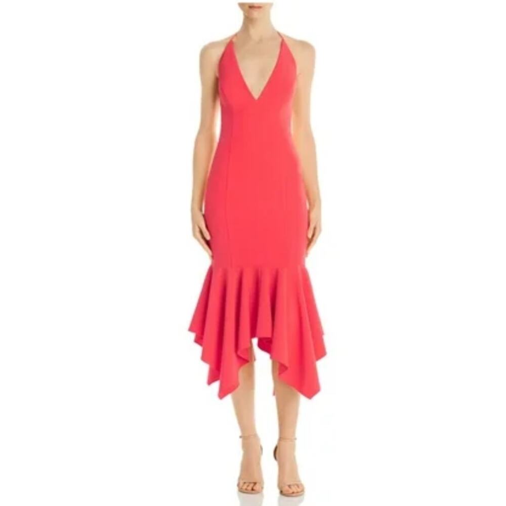 Aidan Mattox Coral Pink Cocktail Dress Backless High Low Midi Sheath Size 4